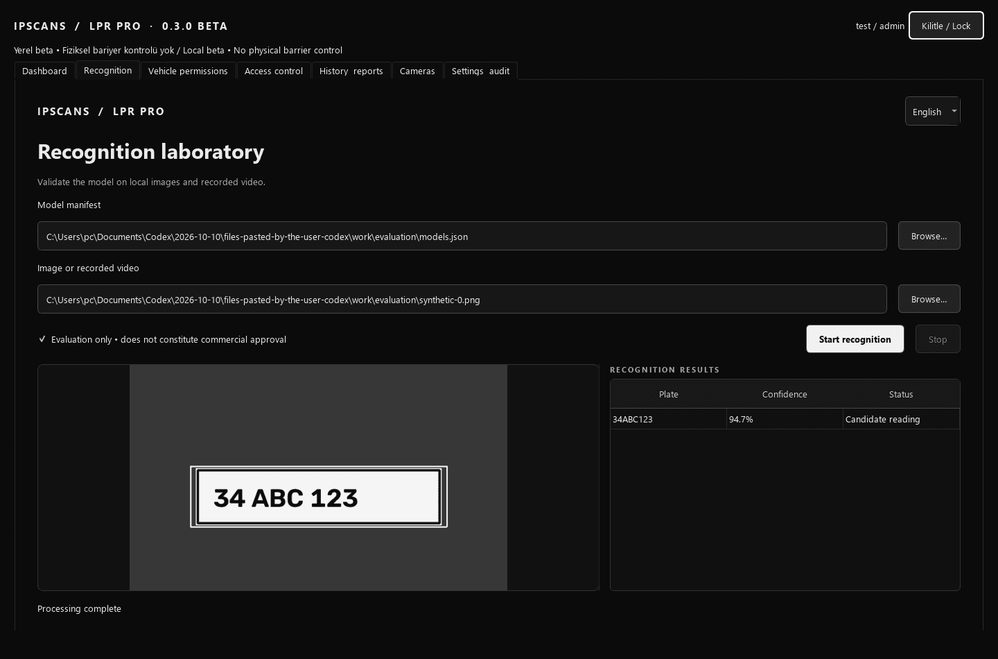 Actual LPR Pro interface reviewing a synthetic 34 ABC 123 example
